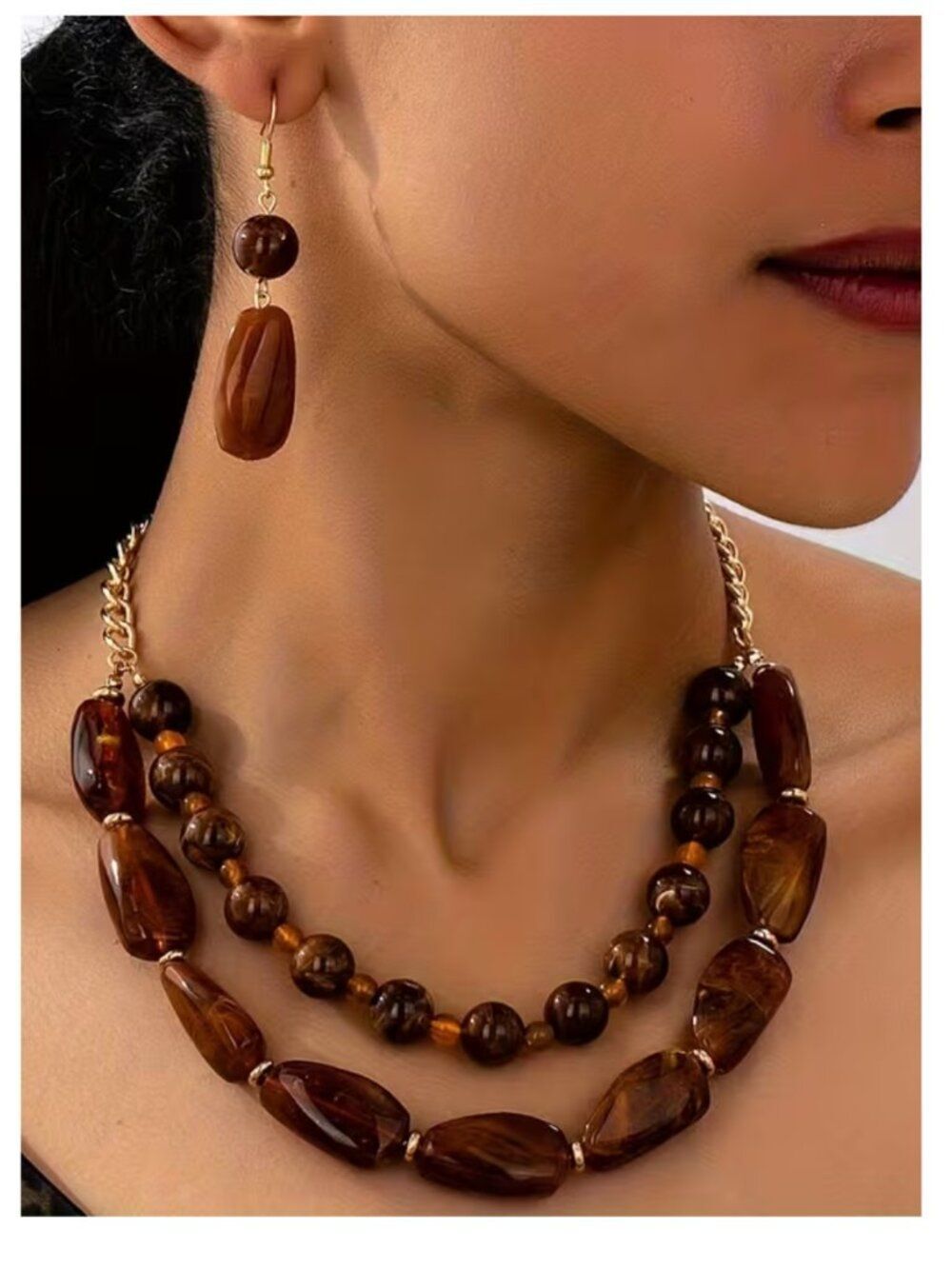 NWT Chunky Brown Acrylic Bead Layered Statement Necklace & Drop Earring Set Boho